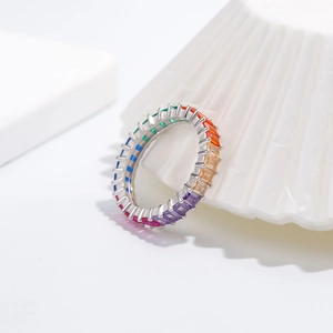 Eternity ring with baguette-cut rainbow cubic zirconia on a minimalist S925 silver band