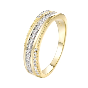 Anello in argento 925 placcato oro con zirconi a taglio baguette e pietre rotonde lucide