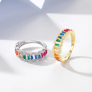 925 silver mesh hollow ring with gradient rainbow gemstones and diamond accents