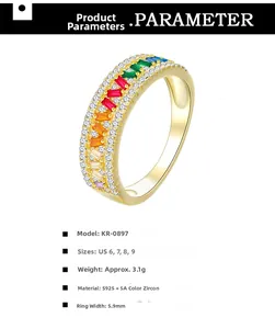 Macro detail of S925 silver rainbow eternity ring with colorful 5A cubic zirconia stones