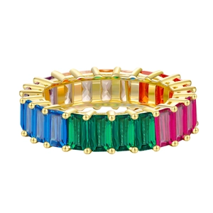 Rainbow baguette-cut zircon gold plated S925 silver ring featuring gradient gemstones