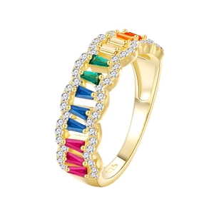 Hollow gold-plated 925 silver ring with rainbow baguette stones and diamond pavé accents