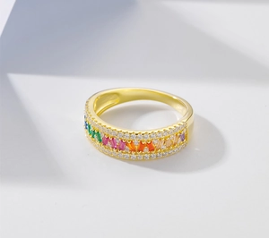 Detail of gold-plated ring with micro-pave rainbow gradient stones and white zircon edges