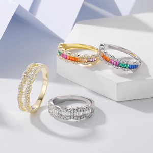 Elegant 925 silver wave rings with colorful baguette-cut rainbow cubic zirconia stones