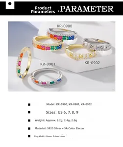 Detail view of S925 silver rings with rainbow zircons and gold plating specifications