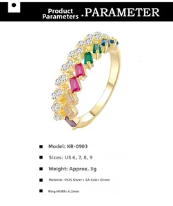 Detailed macro view of S925 silver ring featuring two rows of colorful 5A zircon stones