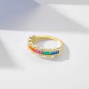 Rainbow wave ring in 925 silver with colorful baguette gems and white diamonds