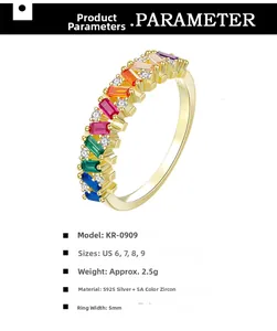 Detail view of gold S925 silver ring with 5mm band width and colorful 5A zircon stones