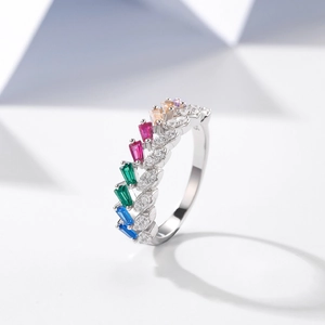 Macro shot of colorful rectangular crystals on S925 silver ring with 925 stamp