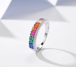 Macro view of S925 silver rainbow ring with colorful stones and white side diamonds