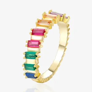 925 Sterling Silver Rainbow Eternity Ring For Women Baguette Cut Multi-Colored Zirconia Electroplated Gold Platinum Fashion Jewelry