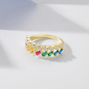 Close-up of S925 sterling silver ring featuring double rows of colorful zircon stones