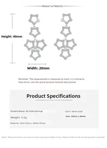 Detailed size chart for sterling silver tiered star earrings with cubic zirconia