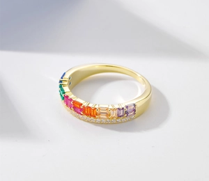 Close-up of rainbow rectangular gemstones and micro-pave diamonds on 14k gold ring