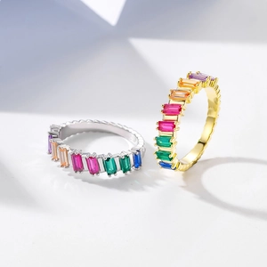 Rainbow baguette-cut multicolored gemstone rings in silver and 14k gold plated finishes