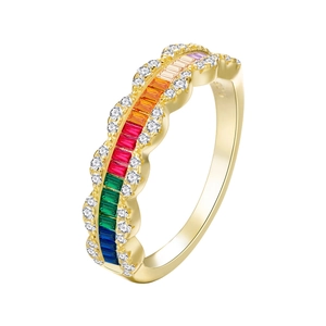 S925 silver wavy rainbow ring with colorful baguette stones and white diamonds