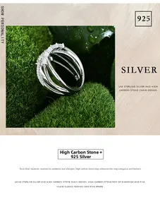 Detail of multi-layer 925 sterling silver ring with high carbon diamond pavé setting