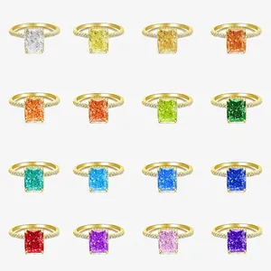 925 Sterling Silver Radiant Cut Rhinestone Ring For Women Fashion Colorful Gemstone Rectangular Candy Finger Ring Jewelry