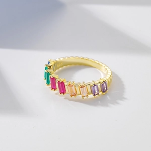 925 silver ring plated in 14k gold with colorful trapezoid cut cubic zirconia stones
