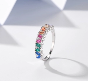 Macro shot of S925 sterling silver stamp on a ring with rainbow colored gemstones