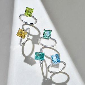 Set of five vibrant cushion cut gemstone rings in S925 silver with geometric shadows