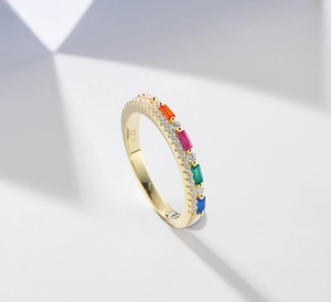 Close-up of S925 sterling silver ring with colorful gemstones and luxury 14k gold plating