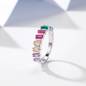 925 silver ring with baguette-cut colorful gemstones in 45-degree side view