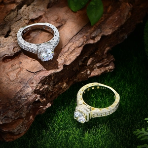 S925 sterling silver rings with 7mm round diamond stones on bark and moss background