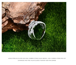 Detail of silver bamboo multi-layer ring with sparkling high-carbon diamonds and S925 stamp