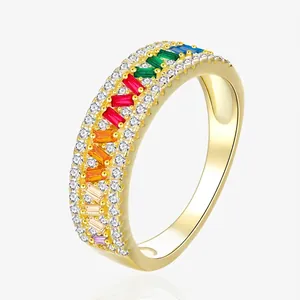 925 Sterling Silver Rainbow Baguette Zirconia Ring For Women Luxury Micro Pave Gold Plated Eternity Wedding Band Jewelry
