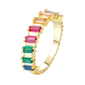 Rainbow gradient eternity ring with rectangular cut colorful stones in gold plating