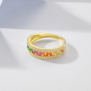 Rainbow micro-pave S925 silver ring with colorful baguette stones and gold plating