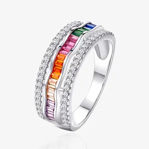 Bague Arc-en-ciel en Argent Sterling 925 pour Femme Motif Vague Pavé Zirconia Blanc Bague Sertie de Pierres Colorées