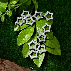 Elegant long star tassel earrings with white zircon pavé on green leaves and water drops