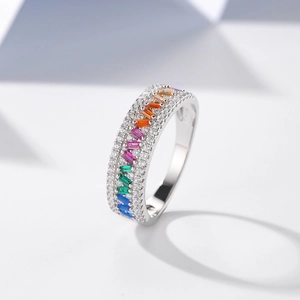 Elegant S925 silver rainbow ring featuring rectangle cut gemstones and pave diamonds