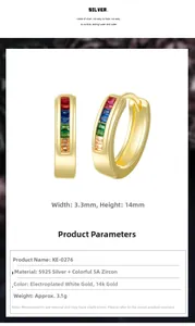 Detail of 925 silver 14k gold hoop earrings with channel set colorful zircon stones