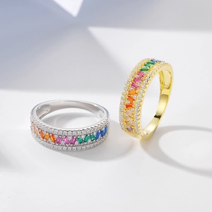 Modern S925 silver rainbow eternity rings with colorful crystals and micro pave diamonds