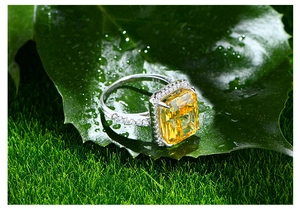 Détail macro du poinçon S925 sur une bague sertie d'une pierre jaune 13ct sur une feuille