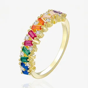 S925 Sterling Silver Rainbow Baguette Zirconia Ring Gold Plated Multi Color Eternity Band For Women Fashion Finger Jewelry