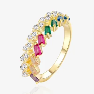 925 Sterling Silver Rainbow Zirconia Ring For Women Double Row Triangle Color Zircon Inlaid Geometric Adjustable Jewelry Finger Ring Gift
