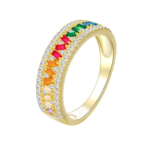 Elegant S925 silver rainbow baguette ring with micro-paved sparkling diamonds