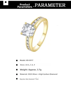 Detailed product parameters of S925 silver ring with 7x7mm square cut carbon diamond