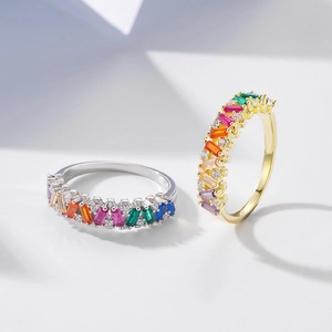 Luxurious S925 sterling silver rainbow zircon eternity rings in gold and silver finish