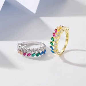 Double row silver and gold rings with marquise zircons and colorful rectangular gems