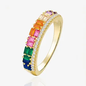 925 Sterling Silver Rainbow Rhinestone Eternity Ring For Women 14K Gold Plated Rectangle Zircon Inlaid Stackable Ring Jewelry