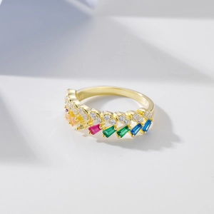 Elegant S925 silver gold-plated ring with rainbow rectangle gems and round zircons