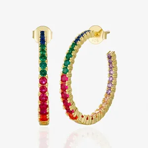 925 Sterling Silver Rainbow Zirconia C-Shaped Hoop Earrings For Women Pave Colorful Stones Geometric Fashion Ear Jewelry Gift