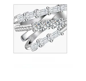 Close-up of 925 sterling silver layered ring with high carbon diamond baguette inlay