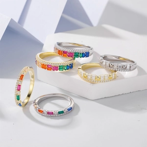 Rainbow gemstone eternity rings in S925 silver with gold plating and cubic zirconia