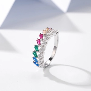S925 sterling silver ring featuring double row rainbow gemstones and white zircons